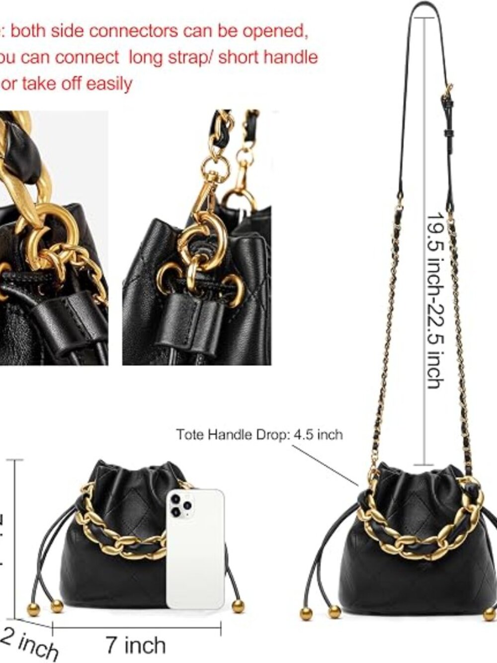 Designer Top Handle Bucket Bag, Women's Small Leather Crossbody | Mini Top Handl - Picture 4 of 5